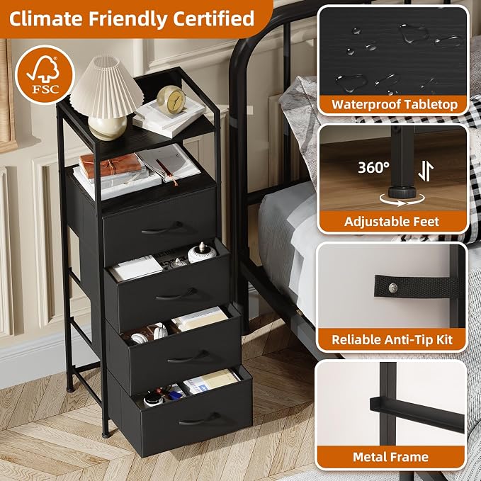Somdot Nightstand with 4 Drawers, Vertical Storage Tower Fabric Dresser for Bedroom, Night Stand Bedside Table Furniture, Sturdy Steel Frame, Wooden Top & Easy Pull Fabric Bins, Black