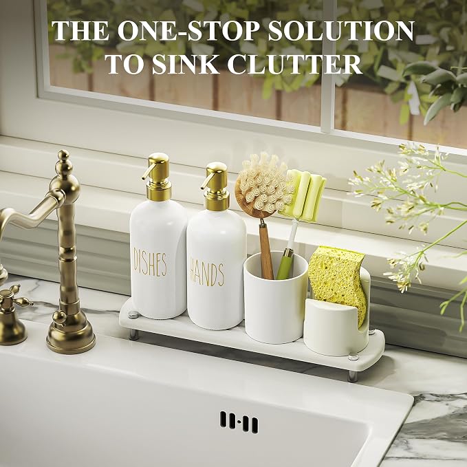Cisily Kitchen Soap Dispenser Set Comes with Ceramics Sponge Holder, Gold Pumps, and Instant Dry Tray, Hand and Dish Soap Dispenser Set (5, Gold + White + Brush Holder + Sponge Holder)
