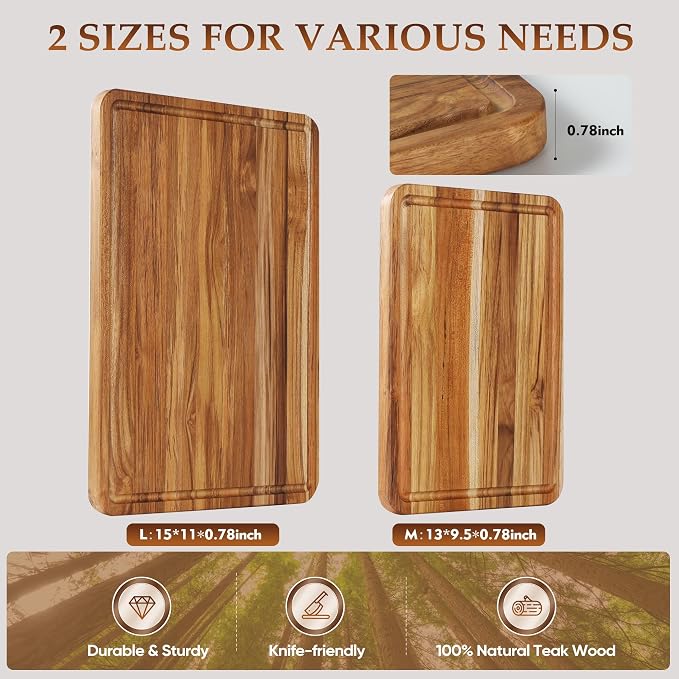 2 Pack Teak Cutting Board Wood Wooden Cutting Boards For Kitchen | Natural Non-toxic Teak Wood, Juice Groove Design, Slip Over Sink, Thoughtful Gift For Holiday Bridal Shower