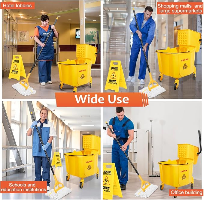 35 Qt Commercial Mop Bucket with Side Press Wringer on Wheels Set | Including 35 Quart Industrial Mop Bucket |1 Commercial Mop |1 Wet Floor Caution Sign | Yellow
