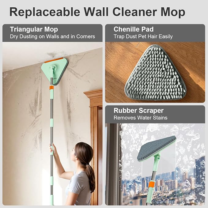 HoMettler Transparent Mop and Bucket Set | Spin Mop with Dual-Tank Clean/Dirty Water Separation | 4 Microfiber Pads for Deep-Cleaning Floors | Versatile Mops Triangular Head for Walls
