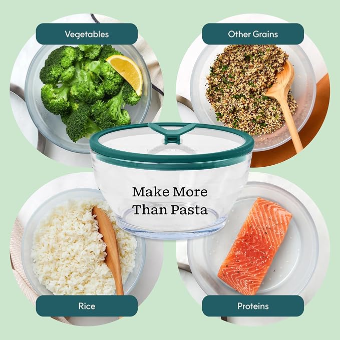 Anyday 8 Cup Glass Microwave Pasta Cooker (Clear Black Sesame) | BPA Free, Plastic Free, Spaghetti Cooker, Meal Prep, Stackable Airtight Nontoxic Storage Container, Vented Lid