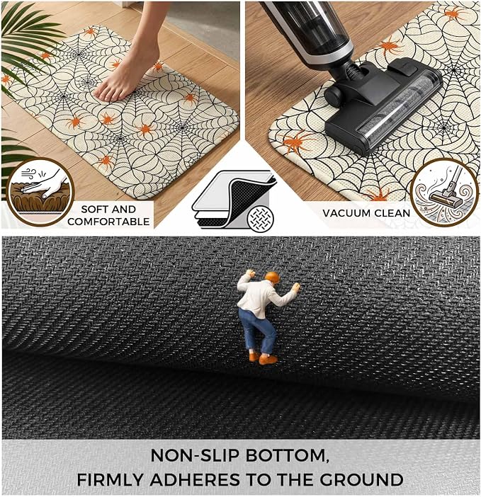 Halloween Bathroom Rugs Non Slip Washable Bath Mat Absorbent Low Pile Front Door Mat Orange Black Net Classic Spiders Gingham Indoor Doormat for Kitchen Entryway Shower Decor Accessories 15.7"x23.6"