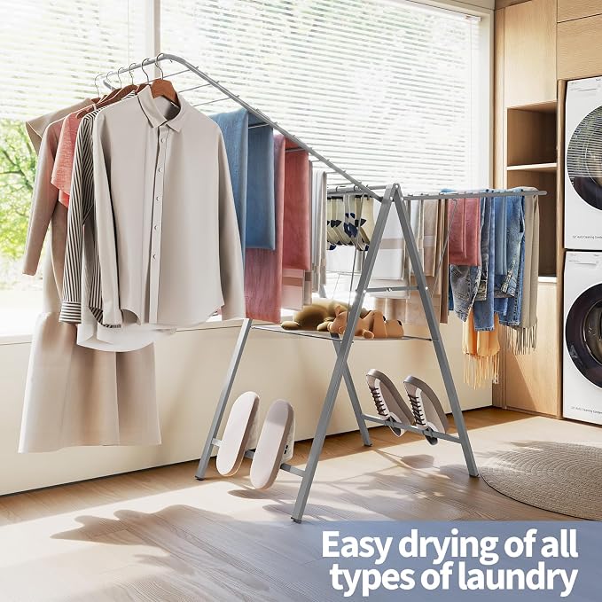 6 Height Adjustable Clothes Drying Rack with Shoe Slots, Grey | Pre-Assembled, Stable Load Structure, 22 Drying Rails, Foldable Space-Saving For Efficient Indoor & Outdoor Airflow Drying