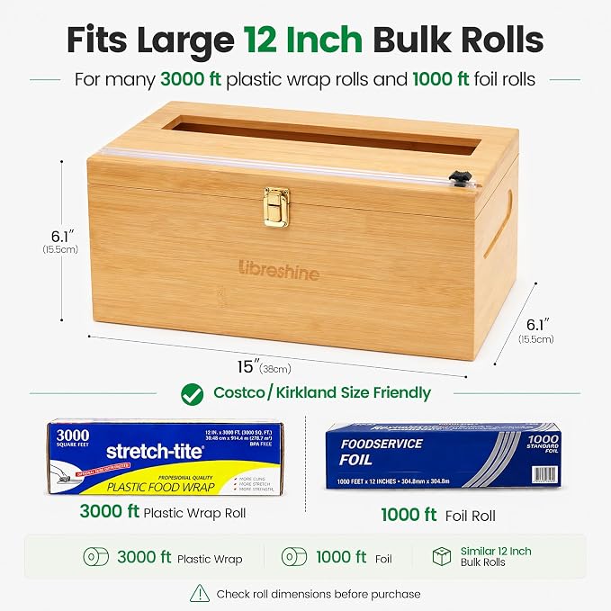 Libreshine 12 Inch Plastic Wrap Dispenser with Cutter, Commercial Bamboo Holder for Large 3000 Ft Wrap Rolls, Fits Costco and Kirkland Size Plastic Wrap and 1000 Ft Foil Rolls