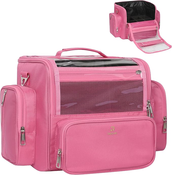 NAONAYA Pink Makeup Brush Bag, Clear Makeup Brush Holder with Lid, Extra Large Capacity Travel Cosmetic Bag Makeup Artist Must Haves,Make Up Organizers and Storage, with Adjustable Dividers