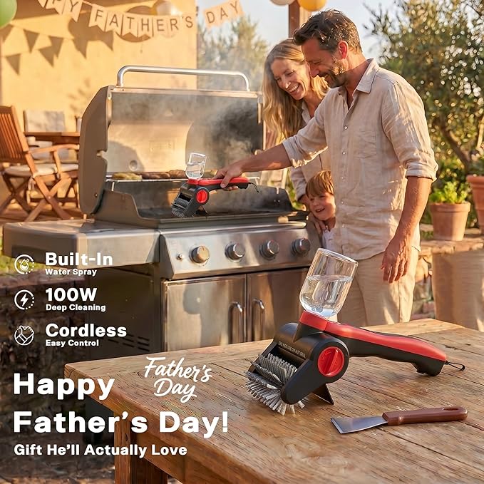 Electric Grill Brush, 100W High Power Cordless BBQ Cleaner with 300ml Water Spray Tank, IPX8 Waterproof Automatic Scrubber for Gas Charcoal Grills, 2-Speed Rechargeable Power Brush with Scraper