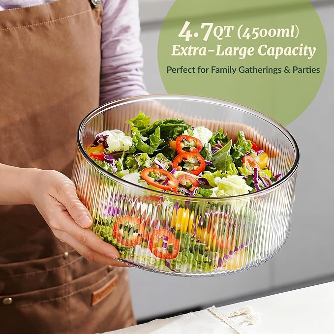 NiHome Glass Salad Bowl, Large Serving Bowl, Acacia Wood | Separate-Piece Ribbed Design for Easy Dishwasher Cleaning, Versatile for Pasta, wine & Snacks at Gatherings
