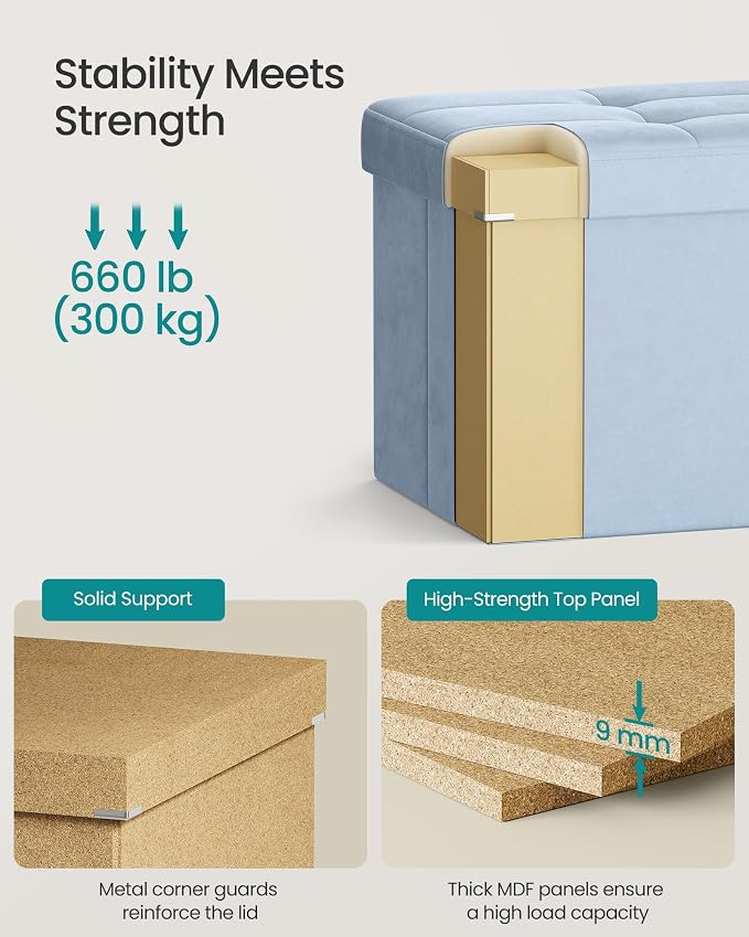 SONGMICS Velvet Storage Ottoman, Folding Storage Bench for Bedroom, Toy Chest, Ottoman Coffee Table, 15 x 29.9 x 15 Inch, Baby Blue, Entryway Shoe Bench, Island Collection ULSF048QQ02