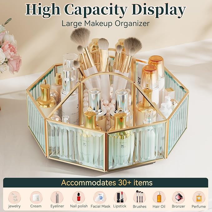 CoralHouse 360° Rotating Makeup Organizer Spinning Vanity Organizer with Makeup Brush Holder for Countertop, Bathroom Storage, Skincare, Perfume & Cosmetic Organizer for Vanity