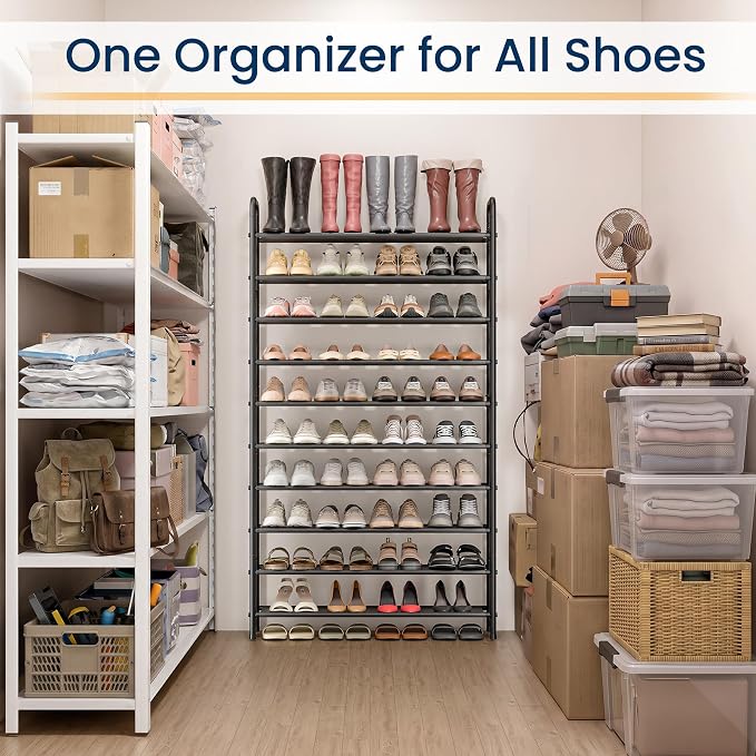 ENJOYBASICS 10 Tier Shoe Rack Garage Storage, Tall Metal Shoes Shelf, Black | Free Standing Shoe Holder for 44 Pairs, Sturdy Heavy Duty Shoe Organizer for Walk-in Closet, Guest Room, Garage, Entryway