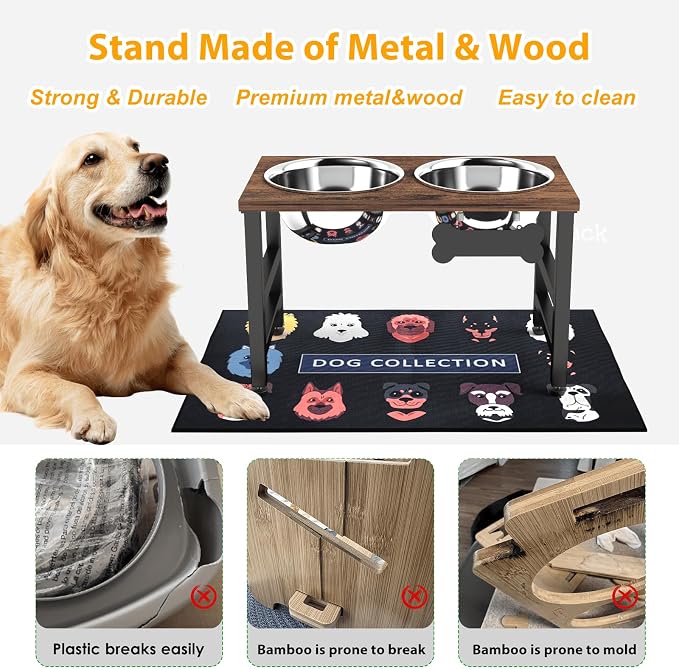 10" Tall Elevated Dog Bowls, Wooden & Metal Raised Dog Bowl Stand with 2 Stainless Steel Bowls-1700ml Capacity & Non-Slip Mat, Easy-Clean for Indoor/Outdoor Use