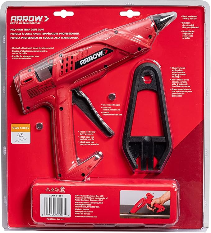Arrow Fastener 300-Watt Heavy Duty Professional Electric Hot Melt Glue Gun for Crafts, Construction, and Wood, Clear | For Crafts, Construction & Wood, Removable Base Stand, Comfortable Grip, Insulated Safety Nozzle, Adjustable Flow Control