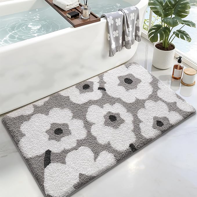 LUMI Bathroom Rugs Cute Floral Design, Soft Absorbent Microfiber Bath Mat Non-Slip, Machine Washable Quick Dry Grey Luxury Rug Flower for Floor, Bathtub, Home Decor, 24"x36"