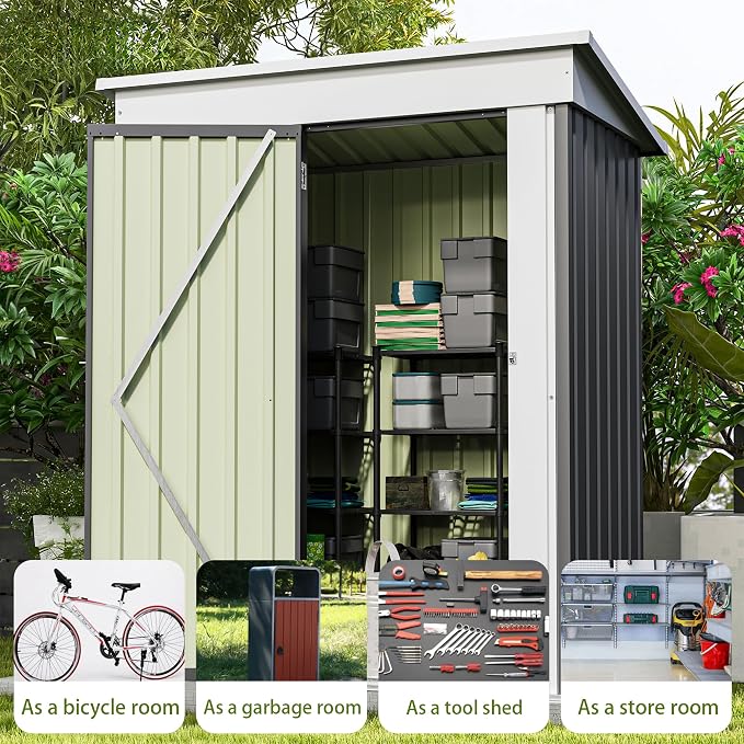 Patiowell 5x3 FT Outdoor Storage Shed, Garden Tool Shed | with Sloping Roof and Lockable Door, Metal Shed for Backyard Garden Patio Lawn, Gray