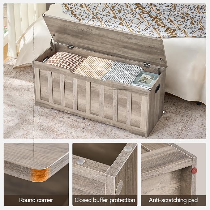 VANKILEY 43.3" Storage Chest Extra Large,Storage Trunk with 2 Safety Hinges,Wooden Storage Bench,Shoe Bench,43.3x15.7x19.1 Inch,Easy Assembly,Storage Bench for Bedroom,Living Room,entryway(Greige)