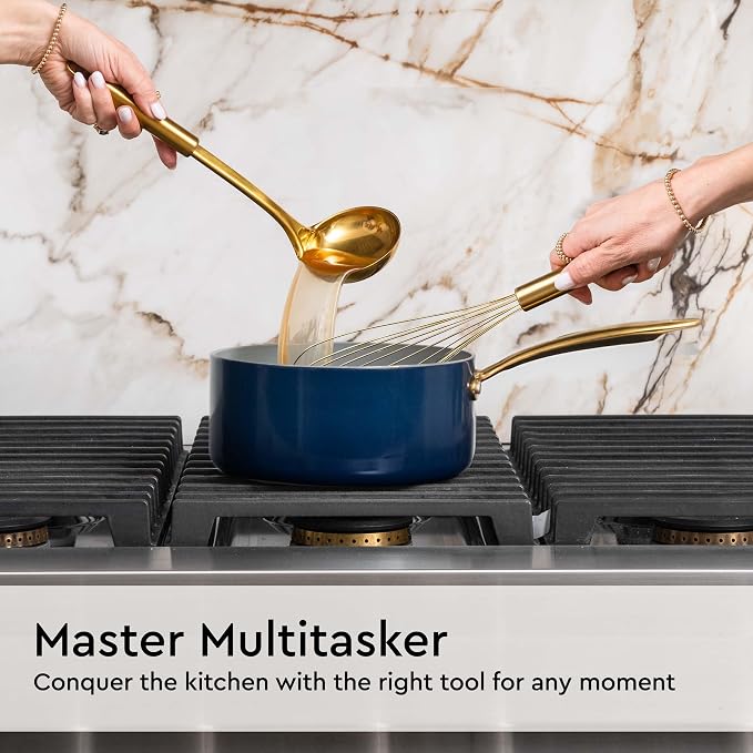 Gold and Navy Blue Kitchen Utensils Set - 7-Piece Silicone Cooking Tools for Nonstick Cookware with Utensil Holder - Stylish Cooking Gifts for Modern Kitchens