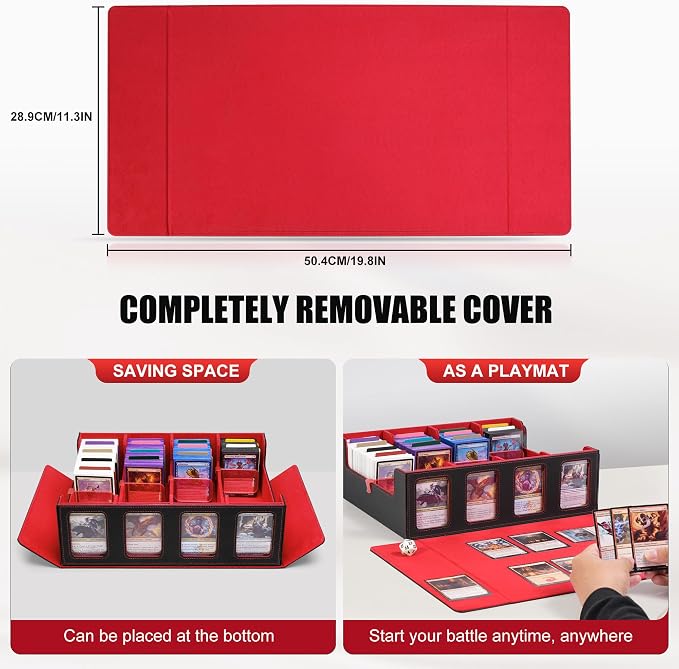 Kabinka Trading Card Storage Box with Commander Display, 4-Row Deck Case with Removable Lid; 2400+ Card Deck Box for MTG TCG Sports Card, 4 Top Loaders, 4 Stoppers, 24 Dividers,1 Dice Bag (Black Red)