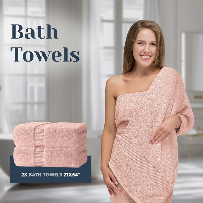 White Classic Luxury Bath Towel Set of 8 Pieces - 100% Turkish Cotton Highly Absorbent Towels for Bathroom, 2 Luxury Bath Towels 700GSM, 2 Hand Towels, 4 Washcloths, Pink