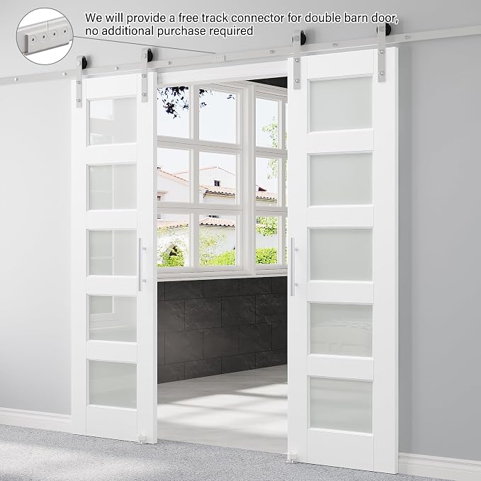 48" x 80" Pre-Assembled Double Barn Door and 12FT Sliding Door Hardware Kit Included, 5-Lites Frosted Glass White Sliding Barn Door for Closet Bathroom Bedroom, Solid & Water-Resistant MDF, Paintable