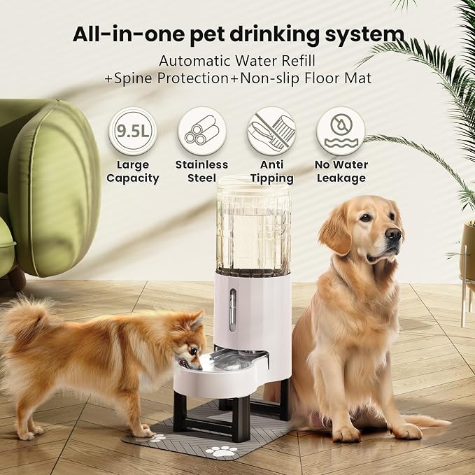 CZPET Elevated Dog Water Bowl Dispenser for Large Dogs (9.5L+Stand,White) | With Stainless Steel Bowl Gravity Waterer, Large Capacity and Drinking Area Noise-Free for Pets