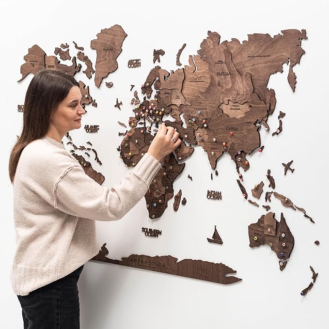Enjoy The Wood 3D Wooden World Map Wall Art - Large Travel Map with Pins for Art Decor - Decorative Map of the World for Home, Office - Travel Wall Art Housewarming Gift Idea (Dark Walnut, 3XL, Unframed)