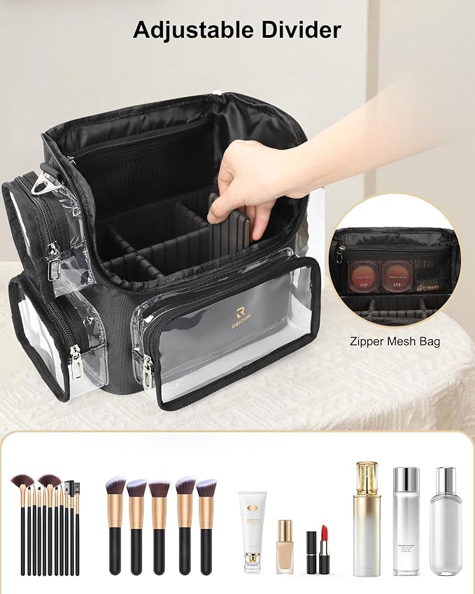 TANTO Makeup Brush Bag, Makeup Artist Bag Clear Makeup Case Professional Large Cosmetic Organizer Bag Portable Cosmetic Train Case with Adjustable Dividers & Shoulder Strap Easy to Clean