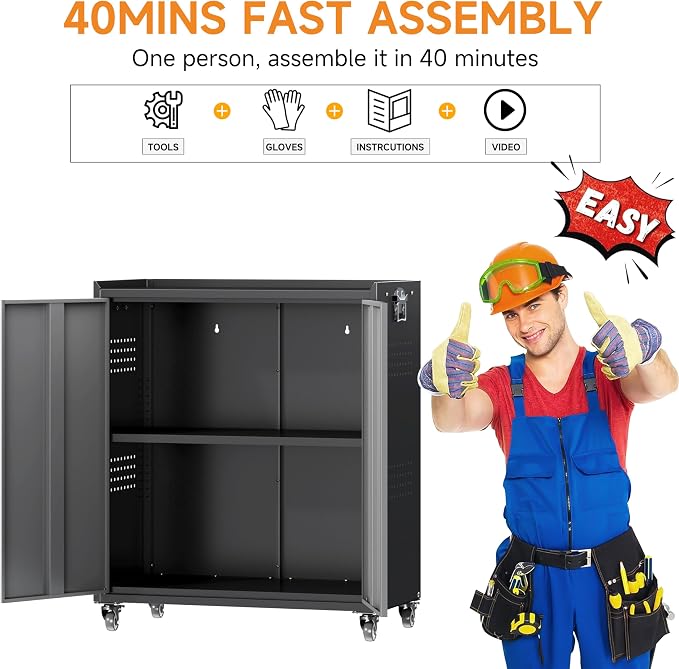 Metal Garage Storage Cabinet with Wheels, Adjustable Rolling Tool Storage Cabinet with Lock, 34" Steel Locking Tool Cabinet with Doors and Shelves for Garage, Warehouse (Black&Gray, 34.3" H)