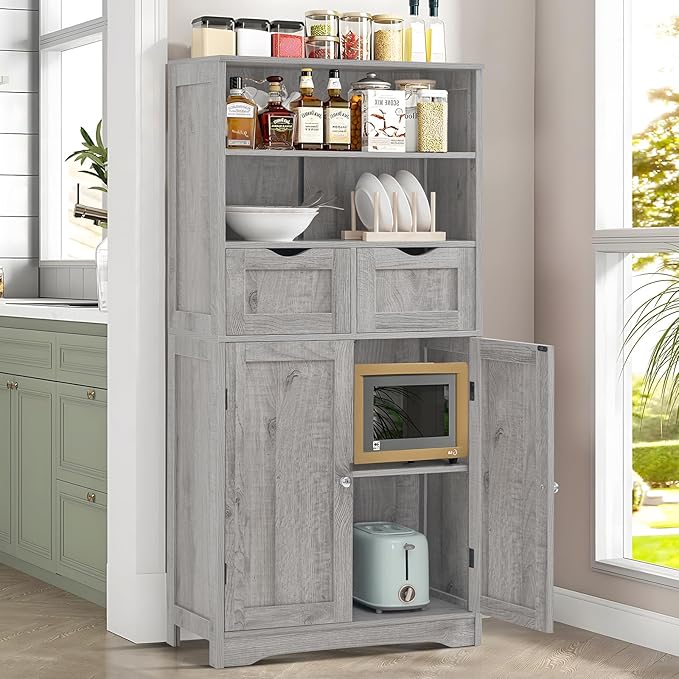 Iwell Storage Cabinet with 2 Drawers & Adjustable Shelf, Tall Bathroom Cabinet with Doors, Cupboard, Kitchen Cabinets for Living Room, Dining Room, Entryway, Grey