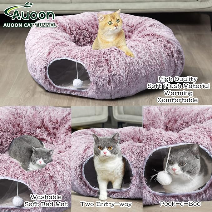 AUOON Plush Cat Tunnel Bed for Indoor Cats, 36"L x 36"W x 11.5"H, Rosiness | 2 in-1 Interactive Cat Toy, with Hanging Ball Toy, Machine Washable Center Pad, for Kitten Puppy Rabbit Ferret