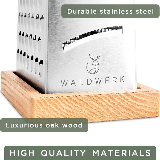 WALDWERK Premium Grater with Etched Stainless Steel Blades - Grater for Kitchen with Oak Wood Base - Box Grater with 4 Sides for Parmesan Cheese, Vegetables, Carrots, or Potatoes - Cheese Grater