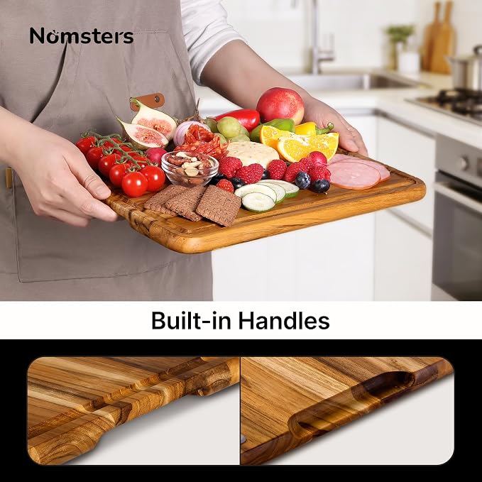 2 Pack Teak Wood Cutting Boards for Kitchen Wooden Chopping Board Non Slip | Charcuterie Board, Non Toxic, Over Sink, Teak Wood, Boards for Fruit&Cheese Prep, Space Saving, Best Kitchen Gift