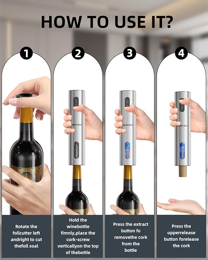 Newise Rechargeable Electric Wine Gift Set: Wine Opener, Aerator, Vacuum Stoppers & Foil Cutter - Wine Lovers Gifts for Women Men - Christmas & White Elephant Gifts