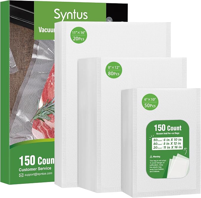 Syntus 150 Pcs Vacuum Sealer Bags for Food, 8x12+11x16+6x10, BPA Free | Precut Bags, 80 Quart + 20 Gallon + 50 Pint, Sous Vide Microwave Freezer Safe, Food Vacuum Storage, For All Vacuum Sealers