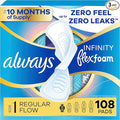 Always Infinity Feminine Pads for Women, Flexfoam Pads with Wings, Size 1, Regular Absorbency, Unscented, 108 Count (3 Packs of 36)