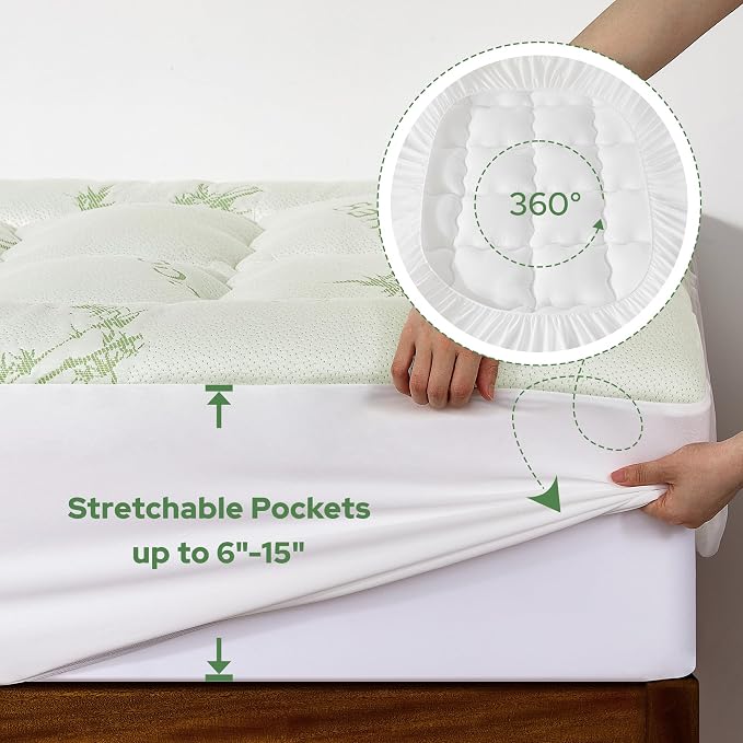 BEDLORE Twin XL Mattress Topper Viscose Derived from Bamboo, Thick Pillow Top Mattress Pad with Deep Pockets for 6-15 inches Mattress, Soft Mattress Topper College Dorm Size for Back Pain