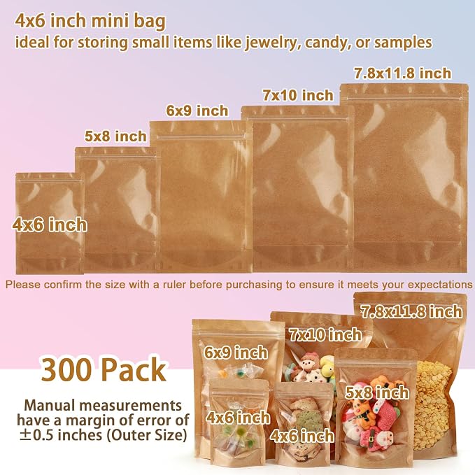 300 Pack Kraft Paper Bags with Clear Window 4x6 Reclosable Small Stand Up Mylar Bags for Food Storage Resealable Smell Proof Pouch, Edible Packaging, Reusable bags for Small Business