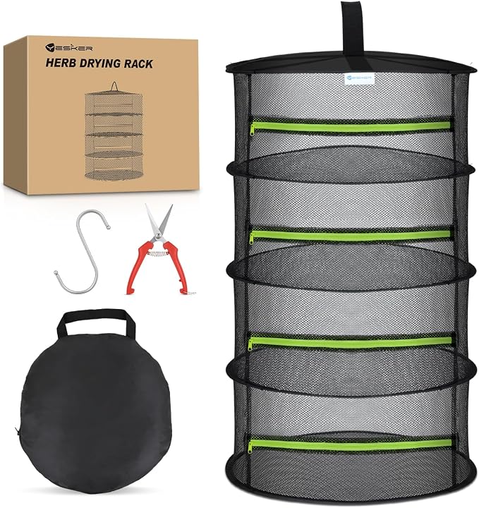 Yesker 4 Layer Herb Drying Rack Hanging Mesh Net Foldable Plant Drying Racks 24" w Green Zipper Pruning Shears Hook Dryer Hanging Rack for Herbs Seed Bud Fruit Clothes Grow Tent Closets Garden Outdoor | 24" w Green Zipper Pruning Shears Hook Dryer Hang...