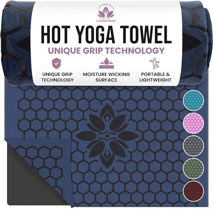 Clever Yoga Hot Yoga Mat Towel – Non-Slip Grip for Hot Yoga, Sweat Absorbent, Honeycomb Silicone Grip, Stays Flat – Ideal for Pilates, Travel, Washable & Lightweight - Dark Blue
