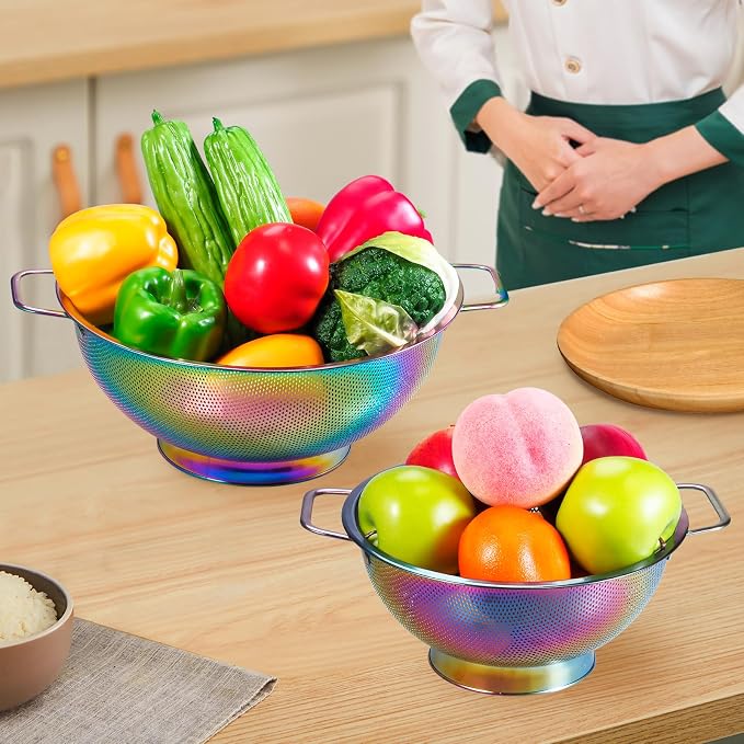 2PCS Rainbow Strainer for Kitchen, 3QT and 5QT, Stainless Steel Colander with Handle for Fruits Vegetables Cooking Food, Dishwasher Safe