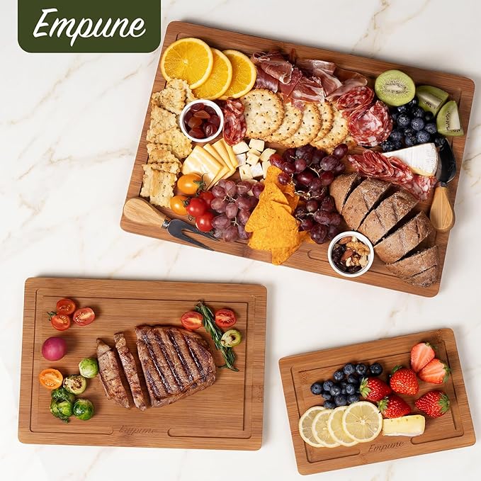 Empune Bamboo Cutting Boards for Kitchen, 3 Piece Extra Thick Cutting Board Set with Juice Groove, Deep Carbonized Bamboo Chopping Board, Reversible Wood Cutting Board for charcuterie boards, Brown