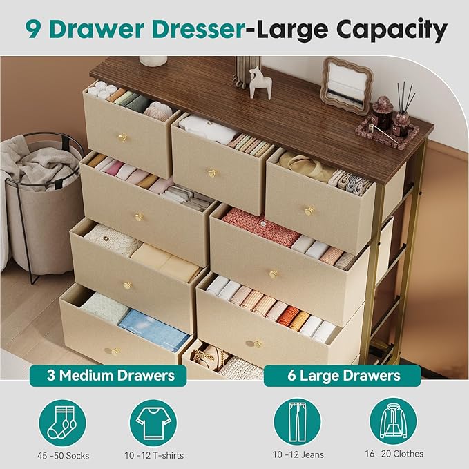OLIXIS 9 Drawer Storage Dresser with Wood Top - Wide Fabric Chest Organizer for Bedroom, Closet, Living Room,Tower Cabinet, TV Stand, Hallway Entryway Furniture,Khaki