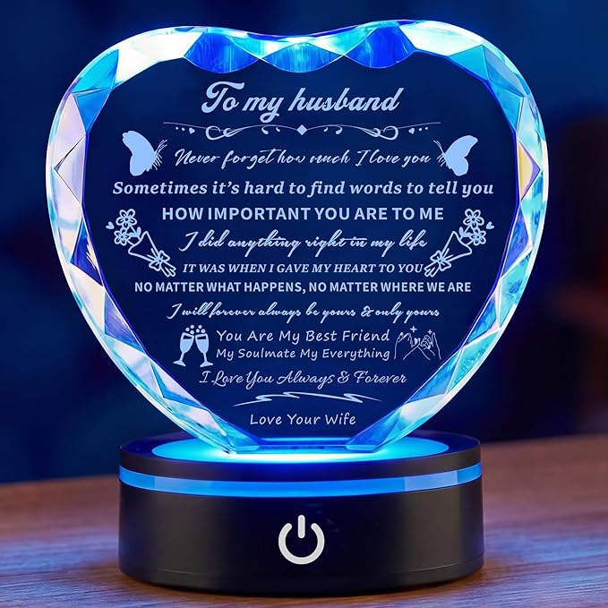 Romantic Crystal Gifts for Husband, I Love You Keepsake with Colorful LED Base, Best Anniversary & Birthday Present for Him,Fathers Day Valentine's Day Christmas Gift Ideas for My Man