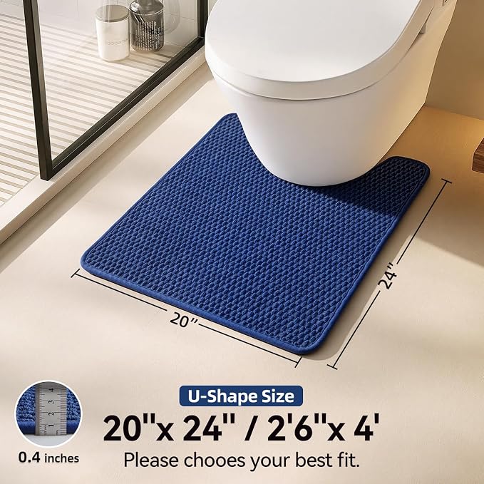 Triohero Toilet Rug, Thin Toilet Rugs U Shaped Washable Non Slip Absorbent Quick Dry Low Pile Toilet Mat, Navy Blue 20"x24" U Shape