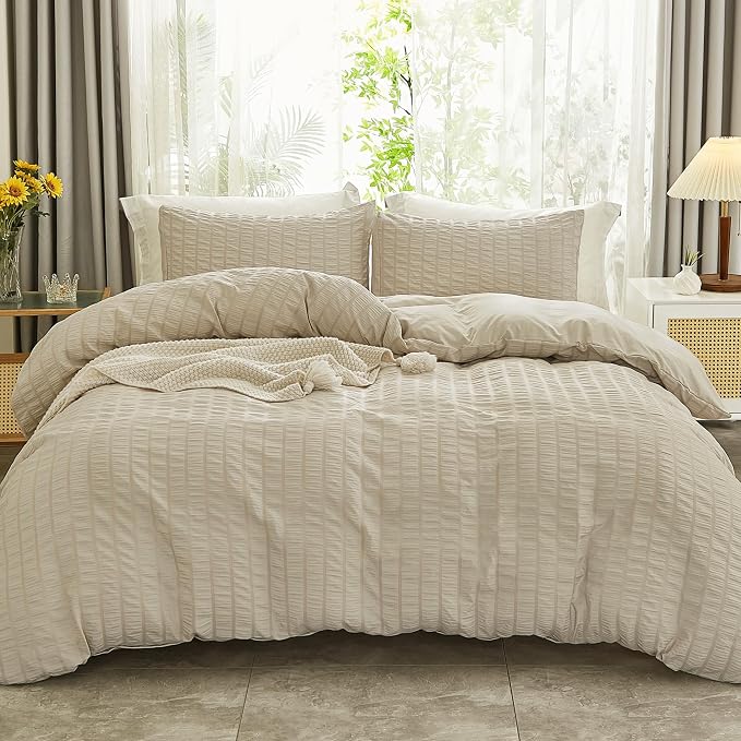 AveLom Beige Duvet Cover King Size, Textured Seersucker Duvet Cover Set, Soft Washed Microfiber with Zipper Closure and Corner Ties, 3 Pieces, 104" x 90" Duvet Cover & 2 Pillowcases
