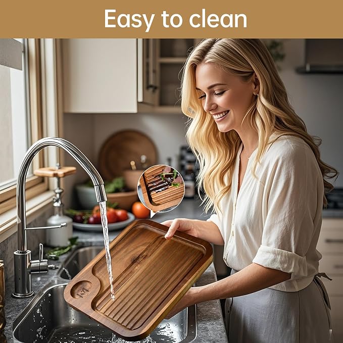 4 pcs Acacia Wood Steak Plates,Carnivore Meat Cutting Board for Eating | Carved Wooden Serving Trays Food Serving Platter Cheese Charcuterie Board with Deep Groove & Hidden Handles Housewarming Gift
