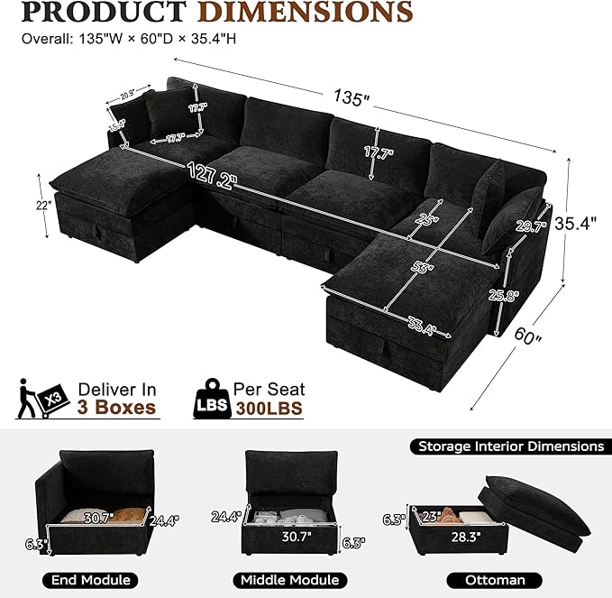 Ihanherry 135” Modular Sectional Sofa with Storage, U Shaped Cloud Couch with Movable Ottomans & 4 Pillows, Chenille Deep Seat Sectional Couches for Living Room, Apartment (Black)