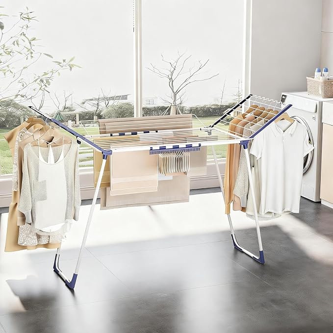 APEXCHASER Clothes Drying Rack Foldable - Drying Rack Clothing Large Space, Winged Laundry Rack with Sock Clips for Hanging Towels Clothes Dress Bedding Indoor Outdoor, White