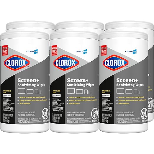 CloroxPro Clorox Screen+ Sanitizing Wipes, Disinfecting Wipes for Electronics, Gentle on Phones, Tablets, LCD Screens, Laptops and Sensitive Surfaces, Citrus Blend Scent, 1 Canister, 75 Wipes, 6 Pack