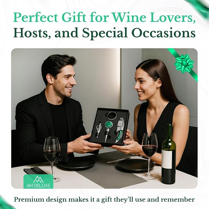 Wine Bottle Opener Set - Professional Waiters Corkscrew Wine Opener, Wine Aerator Pourer Spout, Wine Bottle Stopper, Wine Collar Drip Ring. 4-Piece Wine Accessories Gift Set